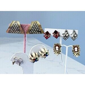 Vintage Rhinestone Earrings Lot Clip Screwback Deco Cameo Some Signed 6 Pairs